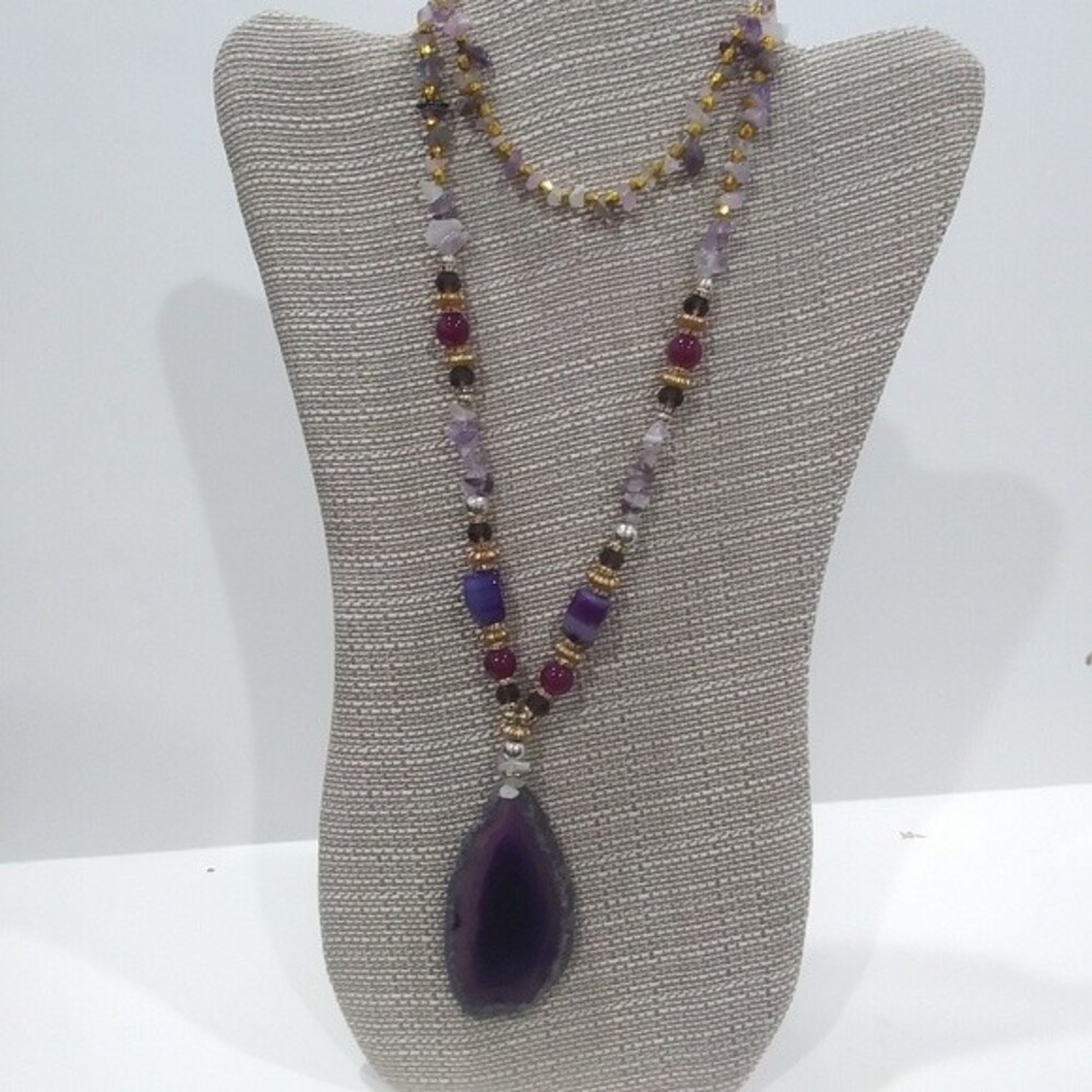 Amethyst Bead Rock Slice Agate 32" Necklace Purple Gold Boho Whimsigoth